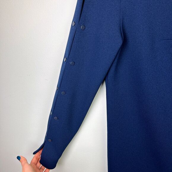 Tibi Structured Crepe Navy Blue Shift Dress Long Studded Sleeves Mini Cocktail 2 - Picture 6 of 14